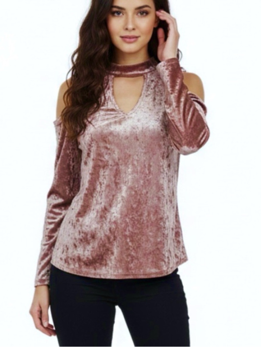 Lime n Chili Pink Velvet Choker Keyhole  Cold Shoulder Top 6 Quiet Luxury
